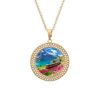 Train Journey Into The Swiss Alps Novelty Necklace Round Pendant Diamond Jewelry Gifts For Men Women Golden-style