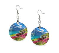 Train Journey Into The Swiss Alps Round Wooden Earrings Boho Drop Pendant Fashion Gifts for Women