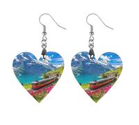 Train Journey Into The Swiss Alps Round Wooden Earrings Boho Drop Pendant Fashion Gifts for Women