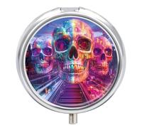 Train Journey Skull City Pill Box with 3 Compartments and Mirror Cute Metal Round Pill Case for Vitamin Fish Oils