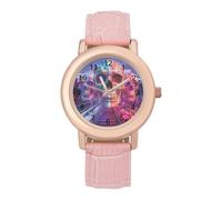 Train Journey Skull City Women's Watch Pink Rose Gold Strap Wristwatch Minimalist Easy Reader Watchec
