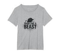 Train Like a Beast: Fierce Lion Motivational T-Shirt, Women's Plus, Heather Grey, 1X