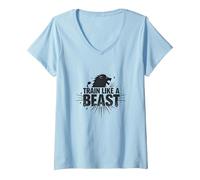 Train Like a Beast: Fierce Lion Motivational V-Neck T-Shirt, Women, Baby Blue, L