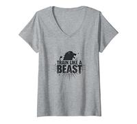 Train Like a Beast: Fierce Lion Motivational V-Neck T-Shirt, Women, Heather Grey, M