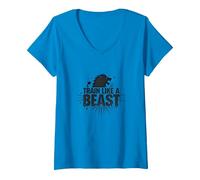Train Like a Beast: Fierce Lion Motivational V-Neck T-Shirt, Women, Sapphire, L