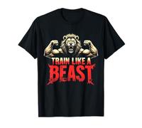 Train Like A Beast Lion Flexing Biceps Workout Red Design T-Shirt