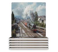 Train on The Railway Station Ceramic Coaster Set Cork-Backed for Drinks Square Heat Resistant Coasters Table Protection for Tea Coffee