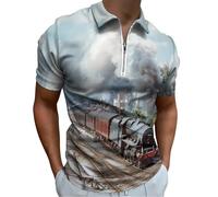 Train on The Railway Station Men's Short Sleeve Polo Shirt Zippered Tees Slim Fit Tops Casual Workout Golf T Shirt