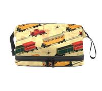 Train on The Road Double Layer Cosmetic Bag for Women and Girls, Travel Toiletry Bag Makeup Handy Pouch Organiser Bag with Brush Compartment