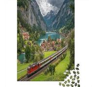 Train Passing through A Village on The Swiss Alps Jigsaw Puzzles. 70x50cm/1000pcs Whimsical Challenge Toy for Educational Games Gifts
