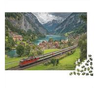 Train Passing through A Village on The Swiss Alps Rätsel Für Erwachsene 38x26cm/1000pcs,Herausforderungsspiele