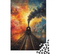 Train Passing through Four Seasons Scene Jigsaw Puzzles. 70x50cm/1000pcs Paint Art Whimsical Challenge Toy for Educational Games Gifts