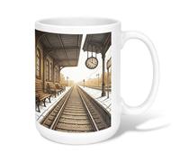 Train Station Ceramic Coffee Mug, Vintage Artistic Clock Benches None Brown Novelty Work Drinking Mugs with Handle Ideal for Friendship Family Colleague Teachers Sweetheart Staff 15 Oz