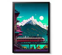 Train Station Mt. Fuji Print, Pixel Art Poster, Neon Tokyo Wall Art, Manga Arcade Home Decor, Anime Gift Idea, Archival Matte, A2 (Framed) - 59.4x42cm