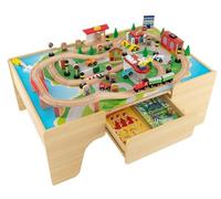 Train Table, 84 Pieces Wooden Kids Activity Toy Table Playset with Reversible Detachable Tabletop, Tracks, Train, Railway, City, Gift for Toddler Boys Girls (84PCS With Drawer)