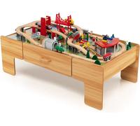 Train Table, Wooden Kids Activity Desk with Storage, Multicolor Pieces, Tracks, Cars, Toddler Toy Play Set w/Reversible Tabletop (100PCS, With Drawer)