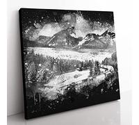 Train Through Canada Paint Splash Modern Canvas Wall Art Print Ready to Hang, Framed Picture for Living Room Bedroom Home Office Décor, 35x35 cm (14x14 Inch)