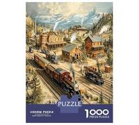 Train Town Mountain 1000 Piece Classic Jigsaw Puzzle Vintage Rail Journey Jigsaw Puzzle Bundle Extra-Thick Cardboard Stress Relief Travel Adults Kids Age 12 Years Up 38x26cm/1000pcs