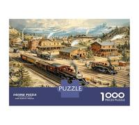 Train Town Mountain 1000 Pieces Jigsaw Puzzle Set Vintage Rail Journey Jigsaw Puzzle Extra-Thick Cardboard Stress Relief Travel Adults Kids 12+ Brain Training Puzzle 52x38cm/1000pcs