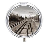 Train Track Pill Box 3 Compartment Small, Personalized Pill Organizer with Mirror, Portable Pill Case for Pocket Or Purse, Round Pill Containe Travel Gifts, Pill Holder