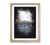 Train Tracks In The Mist Paint Splash Modern Framed Print | A2 Oak Framed Wall Art | Ready to Hang | Modern Vehicle Picture | Living Room Bedroom Lounge Office