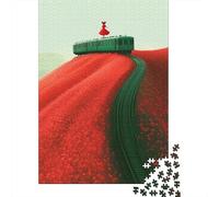 Train Tracks Through Red Flowers 1000-Piece Puzzle for Adults, 38x26cm/1000pcs; White Cardboard for Steady Handling; to Return to Whenever Time Permits