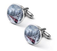 Train Travels Through Snowy Forests Funny Cufflinks Cuff Links 2 Pcs | Printed Shirt Accessories for Business Wedding Men Women