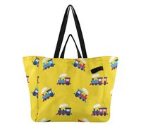 Train Yellow pattern Reusable Canvas Tote Bag, Heavy Duty Grocery Shopping Bag with Double Handles Large Capacity Hard Bottom Work Groceries Travel