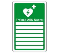 Trained AED users - AED safety sign - High tack self-adhesive sticker (200mm x 150mm) Viewing Distance within 5m.