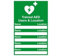 Trained AED users & location - AED safety sign - High tack self-adhesive sticker (150mm x 100mm) Viewing Distance within 3m.