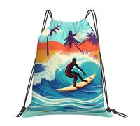 Trainer String Bags Hawaiian Surfer On Wavy Print Drawstring Bag Lightweight Gym Bag Waterproof Sports Back Pack For Shopping Holidays Outdoor