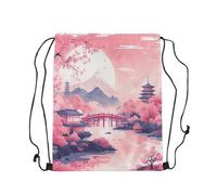 Trainer String Bags Japanese Style Building Pink Cherry Mountains Swim Bag Lightweight Sports Back Pack Waterproof Backpack For Holidays Beach Yoga