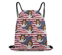 Trainer String Bags Shetland Sheepdog Dog American Flag Drawstring Bag Foldable Sports Back Pack Unisex Pull String Sport Bags For Yoga Holidays Shopping