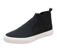 Trainers Men's High Top Canvas Shoes Fashionable No Laces Skateboard Shoes Non-Slip Trainer Shoes Flat Casual Shoes Round Toe Patchwork Walking Shoes Lightweight Running Shoes, White, 7 UK