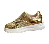 Trainers Women's Elegant Glitter Shoes Platform Board Shoes Flat Lace-Up Low Shoes Lightweight Breathable Walking Shoes Outdoor Trainers Comfortable Soft Bottom Sports Shoes, gold, 10 UK
