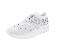 Trainers Women's Running Shoes Sports Shoes Trainers Women's Fashion Casual Rhinestone One Foot Stirrup Set with Lightweight Fly Fabric Breathable Sneakers Soft Sole Trainers Women Beige, White, 8 UK