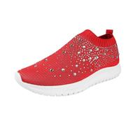 Trainers Women's Running Shoes Sports Shoes Trainers Women's Fashion Casual Rhinestone One Foot Stirrup Set with Lightweight Fly Fabric Breathable Sneakers Soft Sole Trainers Women Beige, red, 2/2.5