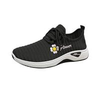 Trainers, Women's Sports Shoes, Summer Knitted Mesh Breathable Running Shoes, Plain, Lightweight, Soft Sole, Walking Shoes, Outdoor Slip On Comfortable Summer Shoes with Laces, 35-39 EU, black, 6 UK
