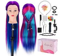 Training Head Synthetic, Mysweety 26"-28" Multicoloured Manikin Doll Head for Hair Styling Practicing, with Table Clamp & Braiding Kit, Purple-Blue #24