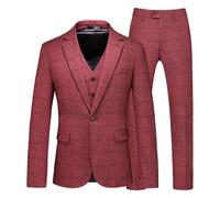 Trajes para Hombre Elegantes Tweed Plaid Tuxedo Set One Button Blazer Vest and Pants Formal Wedding Business Suits Red