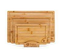 TRAKZA Bamboo Cutting Board Set - Durable Kitchen Cutting Boards for Chopping Fruit, Meat, Cheese, Veggies - Deep Juice Grooves, Side Handles, Easy to Use & Clean - with Storage Holder - 9", 12", 15"