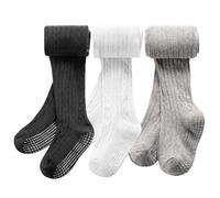 TRAMLE Toddler Girls Tights No Slip 3 Pairs Cotton Softness Cable Knit Pantyhose Black White Gray Pink for Baby Girls Kids 4-6 Years