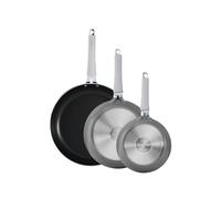 Tramontina 3 Pk Nonstick Fry Pan Set 8" 10" 12", Heavy-gauge aluminum, Porcelain enamel exterior, Reinforced nonstick interior is made without PFOA. Riveted soft-grip silicone handle.