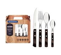 Tramontina Cutlery Set with Steak Knives, 24 Piece Sharp Knife, Forks, Teaspoons, Tablespoons with Wooden Handles, Camping, Kitchen, Rustic, Dishwasher Safe, 21199905