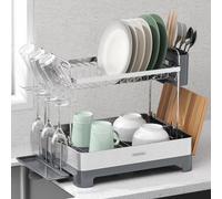 Tramontina Stainless Steel 2-Tier Dish Rack With Cup Holder, Utensil & Cutting Board Storage, Built-In Drainboard