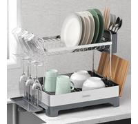 Tramontina Stainless Steel 2-Tier Dish Rack With Cup Holder, Utensil & Cutting Board Storage, Built-In Drainboard
