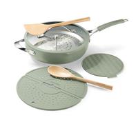 Tramontina Vue All-in-One Plus Pan Set, 5-Quart Ceramic Non Stick Cooking Pan with Glass Lid, Steamer Insert, Beechwood Utensils, Splatter Screen, Pot Holder, Green