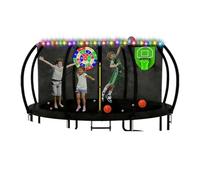Trampoline Accessories Kit, Basketball Hoop with Glow-in-The-Dark Net/50FT Solar Lights/Dart Board, Fits 8 10 12 14 15 16FT Trampoline Outdoor, Non-Damaging to Net, Features 8 Light Modes