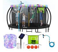 Trampoline Accessories Kit Kids, Trampolin Sprinkler/Basketball Hoop/50FT Solar Lights, Fits 6 8 10 12 14FT Trampoline Outdoor with 3 Mini Basketballs, Non-Damaging to Net, Features 8 Light Modes