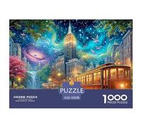 Trams, Waterfall, Galaxy Sky in Glowing City 1000-Piece Jigsaw Puzzle Fantasy Architecture Ideal for Birthday 52x38cm/1000pcs
